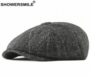 Sboy chapéus sboy chuveiro tweed boné masculino lã espinha de peixe plano inverno cinza listrado masculino estilo britânico chapéu gatsby ajustável 8680033