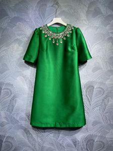 2024 Spring Pure Color Rhinestone Dress Green Short Sleeve Round Neck Knee-Length Casual Dresses T3J021505