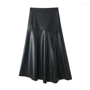 Skirts 2024 Women Black Midi Imitation Leather Half Skirt Autumn/Winter Fashion High Street Versatile