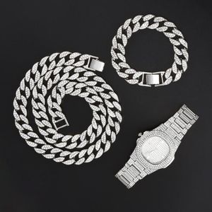 Colares Pingente 15mm Colar Relógio Pulseira Hip Hop Miami Curb Corrente Cubana Ouro Gelado Pavimentado Strass CZ Bling Rapper For264i