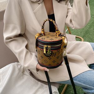 Fashion Printed Contrast Color Rice Bucket Cylindrical Bag Hand-held Shoulder Crossbody Trendy Women's Bag