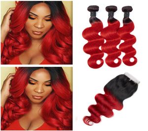 Malezyjskie nieprzetworzone ludzkie przedłużenia włosów 3 wiązki z koronką 4x4 koronkową falę ciała 1Bred Fave 1b Red Ombre Hair Produkty 2477020