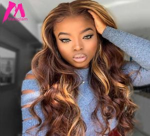 Highlight Lace Front Human Hair Wigs Honey Blonde Body Wave Wig Brazilian Ombre Brown Remy Pre Plucked 13x1 Lace Part for Women8645121