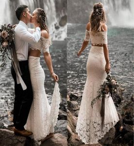 Weiße Spitze Zweiteilige Strandhochzeitskleider 2021 Wunderschöne schulterfreie Garten-Boho-Brautkleider Vestidos De Novia Country Weddi3165263