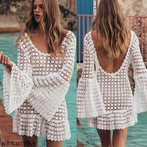 Sexy Women Bikini Cover Up Long Sleeve Beachwear Summer Kaftan Swim Dress White Lace Crochet Bathing Suit Swimsuit Sarongs243H