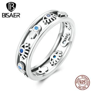 Rings Bisaer 100% Sterling Sier Blue Evil Eyes & Hand Fatima Ring Hollow Symbol Lucky Band for Women Party Original Fine Jewelry