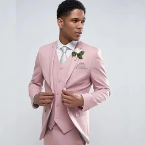 Men's Suits Wedding Pink Full Set Flat Tailor-made Single Breasted Peaked Lapel 3 Piece Jacket Pants Vest Elegant Slim Fit Ropa Hombre