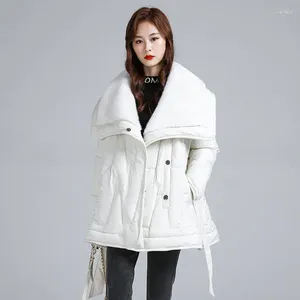 Women's Trench Coats 2024 Black Large Polo Collar Lamb Wool Cotton Dress Korean Version Winter Temperament Strap Waist Wrap Coat Women