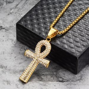 Egyptiska isade ut Ankh Cross Pendant Necklace For Women Men Golden Color 14K Gula guldkedjor Hiphop Ancient Egypt Syckel