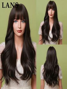 LANS Perucas de cabelo sintético longo ondulado em camadas marrom a loira ombre perucas com franja afro5255809