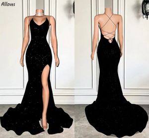 Shiny Black Sequined Mermaid Prom Dresses Sexy Halter Neck Long Mermaid Formal Occasion Party Gowns Thigh Split Women Second Reception Evening Dress Classic CL3133