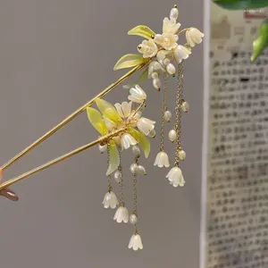 Grampos de cabelo Bell Orquídea Pérola Borla Hairpin Chinês Hanfu Stick Shaking Headdress