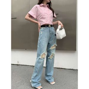 Basic & Casual Dresses Ce23 Autumn/winter Letter Embroidered Belt with Perforated Thin Material Denim Floor Slam Pants for Slim Fashionable Women's Jeans