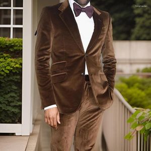 Men's Suits 2 Pcs Velvet Prom For Men Notched Lapel Slim Fit Brown Wedding Groom Tuxedo Male Fashion Clothes Arrival 2024