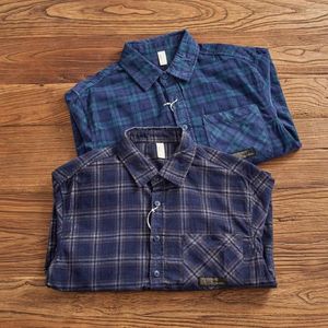 Camisas casuais masculinas vintage solto veludo xadrez camisa pesada lavagem de algodão para fazer velho bolso carga moda