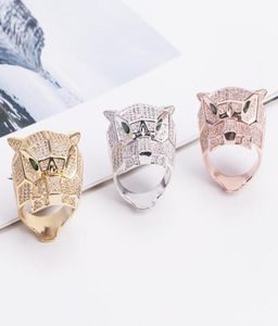 WholeTiger Leopard Head Ring CZ Jewelry Lovers Cute Rings Exquisite Copper Plated Hollow Green Eyed5791239