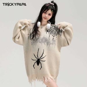 TKPA China-Chic Nischendesign Spinnen-Kontrast-Jacquard-Strick-Paar-Top-Hip-Hop-Pullover