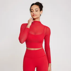 Camicie attive Wyplosz Yoga Top Allenamento Camicia a maniche lunghe da corsa traspirante sexy per le donne Crop Gym Fitness Piega Natale Anno rosso regalo