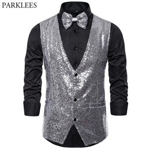 Blazers mens glänsande paljetter västar silver glitter midja män party väst bowtie bröllop nattklubb dj scen män gilet kostym väst maskulino