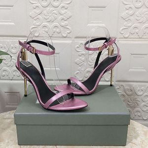 Luxus Damen Sandalen High Heels Leder Vorhängeschloss Spitze nackte Sandale Knöchelriemen Kleid Schuhe mit Box 506