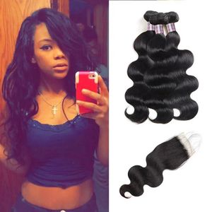 Wefts Ishow Body Wave Bundles Virgin Hair Extensions With 4x4 Lace Closure cheap good quality human hair weave for Women All Ages Natura