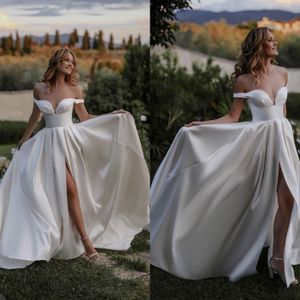 Boho Satin A Line Wedding Dress Off Shoulder Short Sleeve Summer Princess Bridal Gowns Bride Dresses