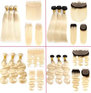 Silkeslen rak blond malaysisk hårvävbuntar med frontal stängning ren färg 613 blond människohårförlängningar och spets front5311324