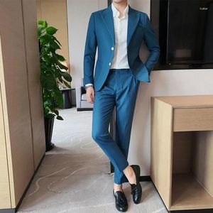 Erkek Suits High-End (Suit Pantolon) Düğün Takım 2024 Bel Drawstring Single Bravased Sold Color İş Gündelik İki Parçalı Set