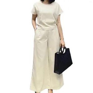 Women's Two Piece Pants Summer Women 2 Outfits Round Neck Short Sleeve T Shirt Blouse Loose Casual High Waist Wide Leg Trousers Solid Color