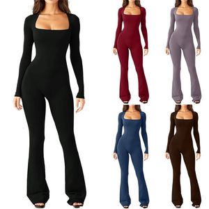 Solid color square neck long sleeved jumpsuit casual pants Womens high waisted with waistband and slim wide leg 231229