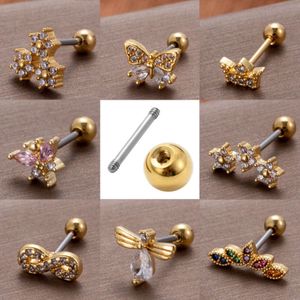 Bling Cz Cubic Zirconia Vite Palla Bilanciere Orecchino Orecchini a bottone Anello chirurgico in acciaio inossidabile Nuovo Asta a doppia testa 0,8 Zirconia Chiodo d'osso Libellula Chiodi di fiori