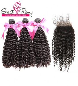 Wiązki włosów z górnym zamknięciem Kup 3PCS Hairwefts Zdobądź 1PC koronkowe przednie zamknięcie Malezyjczyk głęboko kręcona fala ludzka Remy Hairweave7058915