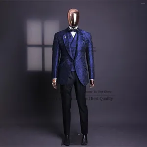 Mäns kostymer glitter jacquard män för bröllop hackat lapel manlig prom blazer 3 stycken uppsättningar brudgummen smala terno masculino komplett