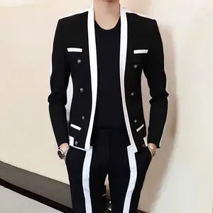 Ternos masculinos contraste listra blalck branco terno masculino casamento noivo 2024 outono inverno disfarçado masculino fino ajuste roupa de palco festa dos homens