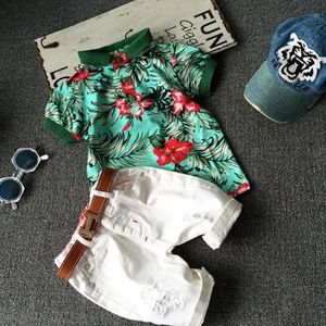 2PCS Toddler Boy Baby Fashion Suit Flower Polo Shirt+White Shorts Suit Cotton Summer Suit