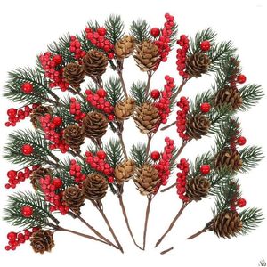 Flores decorativas Grinaldas 10 Pcs Artificial Pine Cone Flor Pick Red Berry Ramos Decorações de Árvore de Natal Natal Queda Presente Madeira A Otx85