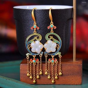 Dangle Earrings S925 Sterling Silver Ancient Gilding Burnt Blue Camellia Inlaid Natural Hetian Jade Turquoise Pearl F