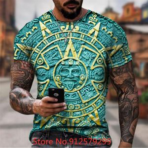 Camisetas masculinas 2024 novidade camiseta casual méxico asteca calendário 3d impresso para homens manga curta camiseta