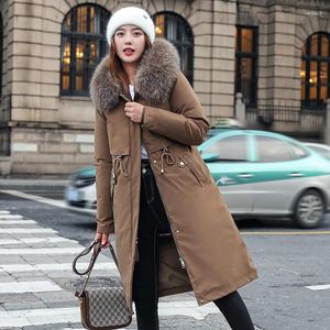 Trench da donna Cappotto invernale da donna Spessore femminile X-Long Giacca imbottita in cotone Grande collo in pelliccia Parka lungo Fodera in lana calda staccabile