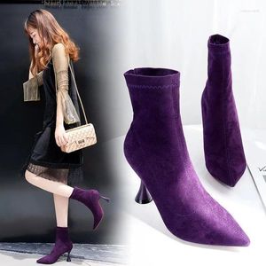 Boots Women Ankle Pointed Toe High Heel Stiletto Soft Suede Slip-on Boot Purple Black Red Cozy Botas Flock Booties Warm