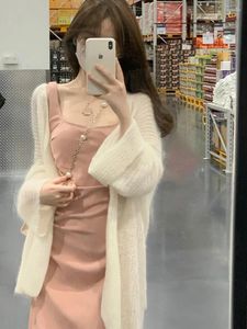 Work Dresses Korean Pink Suspender Dress Knitted Sweater Suit Women Sweet Hip Wrap Skirt Soft Cardigan Solid Top Fashion Winter Two-piece