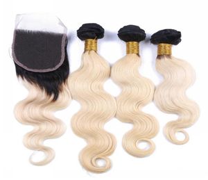 Body Wave 1B613 Dark Root Ombre 4x4 Front Lace Stängning med 3Bunds 4st Lot Virgin Brasilian Blonde Ombre Hair With Top Stängning2528507