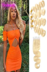 Peruvian Human Hair 4 Bundles With 4X4 Lace Closure 5 Pieces One Set Body Wave Hair Extensions With Closures Blonde 613 Color Yir8950519