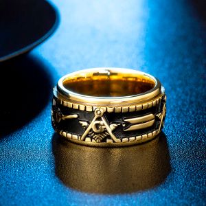 Mens Golden Color Spinner Freemason Ring 14k Yellow Gold Rune Rotating Mason Masonic Jewelry for Man