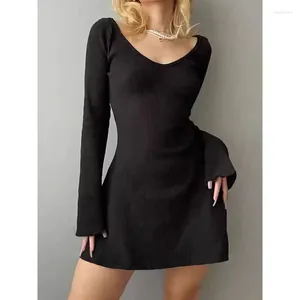 Casual Dresses Elegant Winter Black Bodycon Dress Women's 2024 V-neck Skinny Ribbed Knitted Sexy Y2k Long Sleeve Mini Sweaters Vestidos