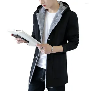 Мужские тренчи, мужская модная теплая куртка с капюшоном, 2024, зимняя мужская тренч, бархатное утолщенное облегающее шерстяное пальто