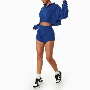 Kvinnors träningsdräkter mode sexig lös sport hoodie set flickor krydda avslappnad blixtlås stativ krage lång ärm shorts damer två stycken