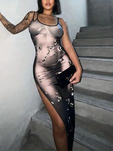 Mirlande Donna Slim Fit Body Sexy Stampa Hot Spaghetti Italiani Tracolla Orlo Diviso Scollo Esclusivo Abito Midi Body Party Dress 2023 240103