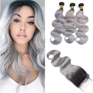 Trame 1B Grigio Ombre Capelli umani peruviani Offerte con chiusura Ombre con radici scure Grigio argento 4x4 Chiusura superiore in pizzo con capelli vergini We