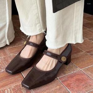 Scarpe eleganti alla moda punta quadrata da donna 2024 primavera autunno tinta unita eleganti e versatili tacchi alti casual